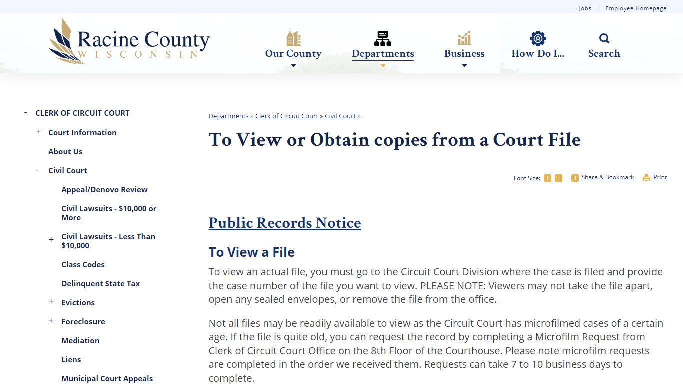 To View or Obtain copies from a Court File | Racine County, WI